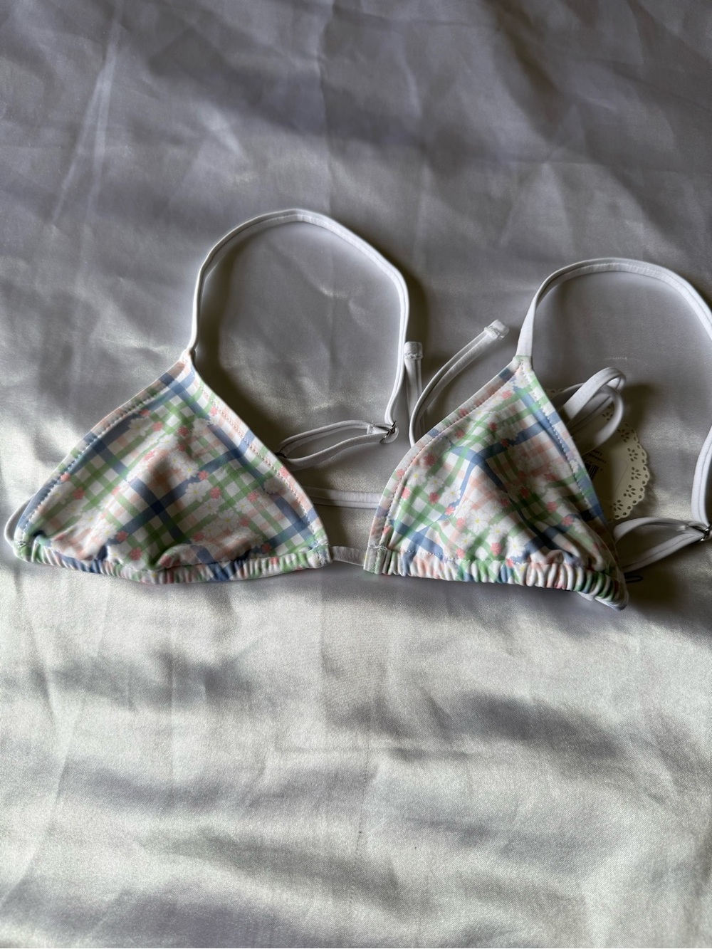 Djerf Avenue Pastel Plaid Triangle Bikini Top with White Trim